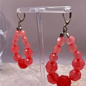 Pink Coral Beaded Hoop Drop Dangle Earrings. Silver Tone